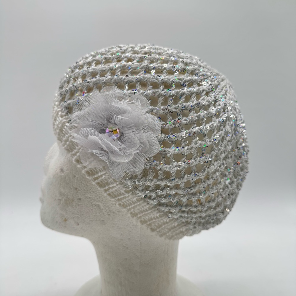 Justice White Knit Sparkly Beanie Hat with Flower – One Size